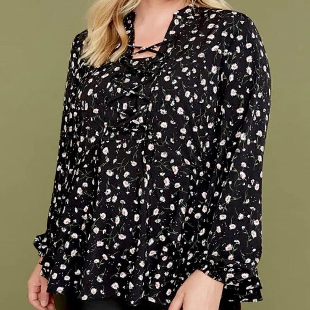 Lane Bryant Floral Printed Lace Up Front Peplum Top Women Size 20 Black NWT